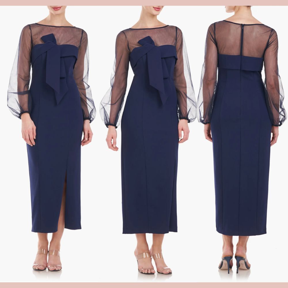 HOLES JS‎ Collections [ 4 ] Maia Bow Long Sleeve Sheath Dress Navy Blue
